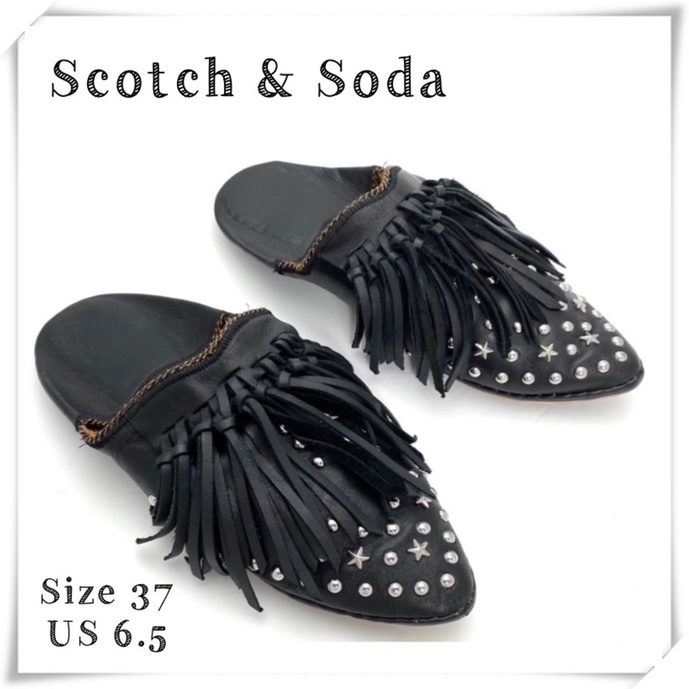 SCOTCH & Soda Stars Studded Fringe Leather Slippers Bohemian Mule Black Size 6.5